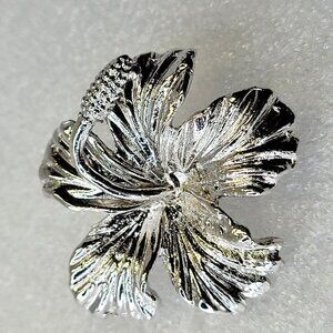 Rhodium Hibiscus Brooch Pin Medium Size